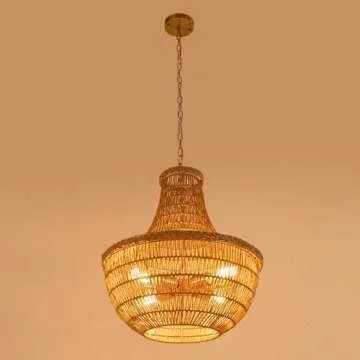 Wicker Rattan Chandelier Hand-Woven Pendant Light Farmhouse Rustic Hanging Ceiling Lamp Fixture Adjustable Height for Living Room Bedroom Dining Room