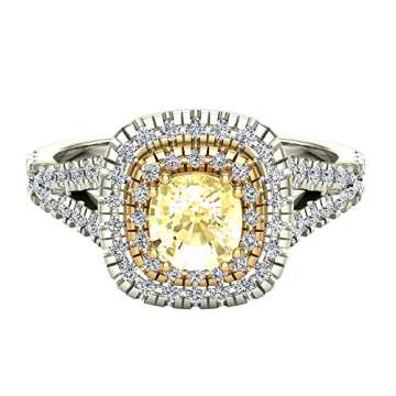 Glitz Design Fancy Yellow Diamond Engagement Rings 18K Gold Cushion Cut Split Shank Halo style 0.92 ctw (Ring Size 5.5)