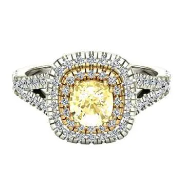 Glitz Design Fancy Yellow Diamond Engagement Rings 18K Gold Cushion Cut Split Shank Halo style 0.92 ctw (Ring Size 5.5)