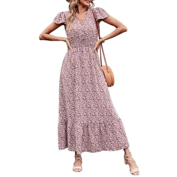PRETTYGARDEN Summer Maxi Dresses for Women 2024 Casual Swiss Dot Smocked Short Sleeve A-Line Empire ...