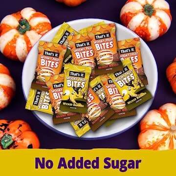 That’s it. Spooky Fruit Bites Halloween Fun Size Fruit Bars Variety Pack (Mango, Banana), Non-GMO, Allergen Friendly, Kosher, Gluten Free Snacks No Added Sugar (40 PCS, 10g Each)