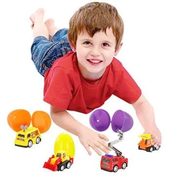 JOYIN 24 Pcs Filled Easter Eggs with Pull Back Construction Cars, Prefilled Easter Egg with Vehicle for Kid Boys, Basket Stuffers/Fillers, Party Favor, Classroom Prize Supplies