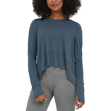 ODODOS Long Sleeve Tee for Women with Thumb Hole Athletic Gym Workout Crop Tops Yoga Shirts, Dark Bl...