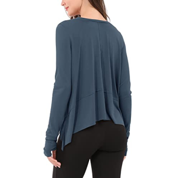 ODODOS Long Sleeve Tee for Women with Thumb Hole Athletic Gym Workout Crop Tops Yoga Shirts, Dark Blue, Medium
