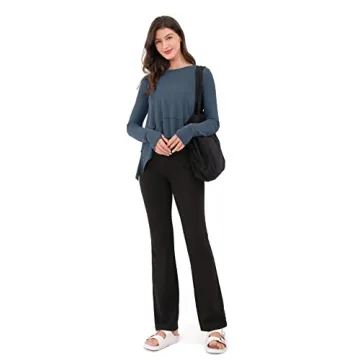 ODODOS Long Sleeve Tee for Women with Thumb Hole Athletic Gym Workout Crop Tops Yoga Shirts, Dark Blue, Medium