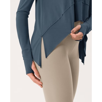 ODODOS Long Sleeve Tee for Women with Thumb Hole Athletic Gym Workout Crop Tops Yoga Shirts, Dark Blue, Medium