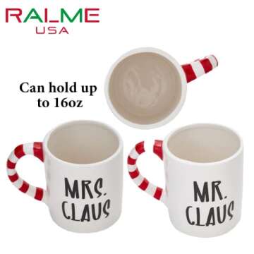 RALME Mr and Mrs Claus Christmas Mugs Set of Two - 16 oz. Large Ceramic Santa Mugs