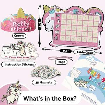 Potty Training Chart for Toddler Girls with 35 Reusable Magnetic Stickers - Unicorn Design Sticker Chart for Kids Potty Training Reward, 3 Instruction Steps & Crown (Unicorn Theme)