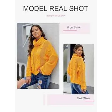 Dokotoo Women Winter Warm Chunky Turtleneck High Neck Balloon Long Sleeve Cable Knit Chunky Sweater Pullover Jumper Yellow S