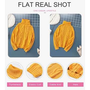 Dokotoo Women Winter Warm Chunky Turtleneck High Neck Balloon Long Sleeve Cable Knit Chunky Sweater Pullover Jumper Yellow S