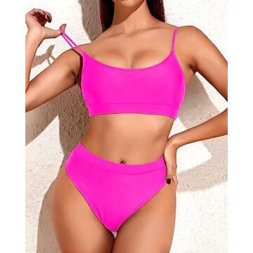 Tempt Me Women Bright Pink High Waisted Bikini Set Athletic Two Piece Swimsuits Sporty High Cut Bathing Suit with Scoop Neck L