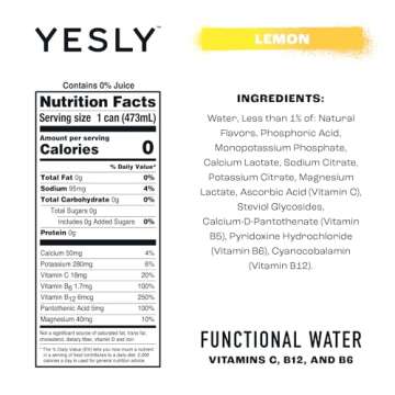 Yesly ﻿Hydrating Electrolyte Vitamin Water, 16 Fl Oz - Zero Sugar, Zero Calorie Water with Vitamins C, B12 & B6 and No Artificial Sweeteners - Lemon (Pack of 12)