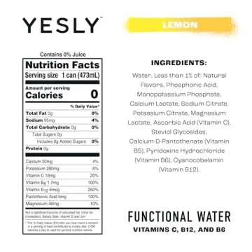 Yesly ﻿Hydrating Electrolyte Vitamin Water, 16 Fl Oz - Zero Sugar, Zero Calorie Water with Vitamins C, B12 & B6 and No Artificial Sweeteners - Lemon (Pack of 12)