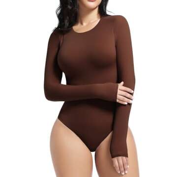 YIANNA Long Sleeve Bodysuit for Women Crew Neck Body-hugging Body Suits Tops Thong,YA5275-Cocoa-S