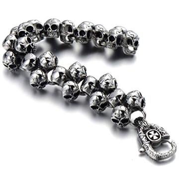 COOLSTEELANDBEYOND Gothic Punk Stainless Steel Triple Skulls Bracelet for Men - Silver Color Polishe...