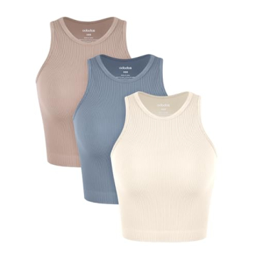 ODODOS 3-Pack Seamless Tank for Women Rib-Knit Soft Sleeveless High Neck Tank Tops, Waist Length, Ivory+Dusty Blue+Sphinx, Medium/Large