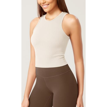 ODODOS 3-Pack Seamless Tank for Women Rib-Knit Soft Sleeveless High Neck Tank Tops, Waist Length, Ivory+Dusty Blue+Sphinx, Medium/Large