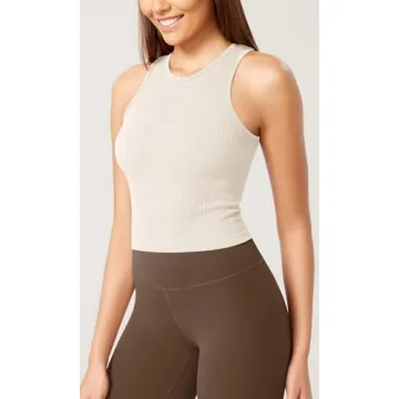 ODODOS 3-Pack Seamless Tank for Women Rib-Knit Soft Sleeveless High Neck Tank Tops, Waist Length, Ivory+Dusty Blue+Sphinx, Medium/Large