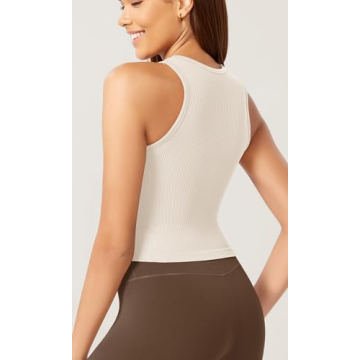 ODODOS 3-Pack Seamless Tank for Women Rib-Knit Soft Sleeveless High Neck Tank Tops, Waist Length, Ivory+Dusty Blue+Sphinx, Medium/Large