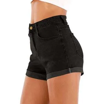 Cuihur Women's Summer Casual Denim High Waisted Folded Hem Jeans Shorts for Juniors Black M