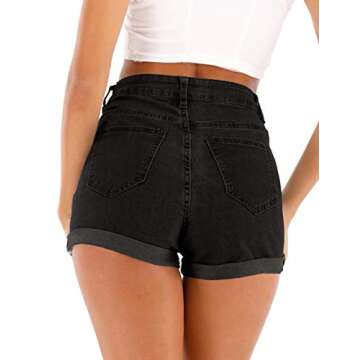 Cuihur Women's Summer Casual Denim High Waisted Folded Hem Jeans Shorts for Juniors Black M