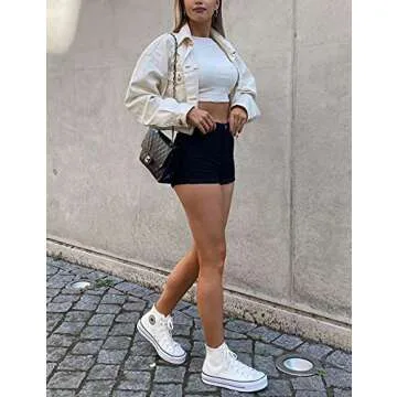 Cuihur Women's Summer Casual Denim High Waisted Folded Hem Jeans Shorts for Juniors Black M