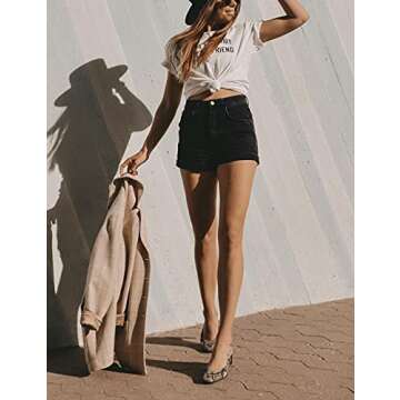 Cuihur Women's Summer Casual Denim High Waisted Folded Hem Jeans Shorts for Juniors Black M