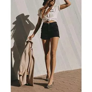 Cuihur Women's Summer Casual Denim High Waisted Folded Hem Jeans Shorts for Juniors Black M