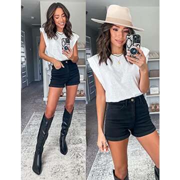 Cuihur Women's Summer Casual Denim High Waisted Folded Hem Jeans Shorts for Juniors Black M