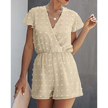 BTFBM Women 2024 Summer Fashion V Neck Wrap Rompers Swiss Dot Pocketed Elastic Waist Short Sleeve Beach Shorts Jumpsuit(Apricot, X-Large)