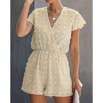 BTFBM Women 2024 Summer Fashion V Neck Wrap Rompers Swiss Dot Pocketed Elastic Waist Short Sleeve Beach Shorts Jumpsuit(Apricot, X-Large)