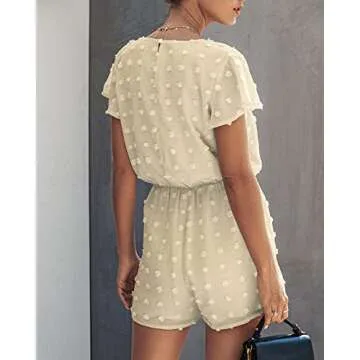 BTFBM Women 2024 Summer Fashion V Neck Wrap Rompers Swiss Dot Pocketed Elastic Waist Short Sleeve Beach Shorts Jumpsuit(Apricot, X-Large)