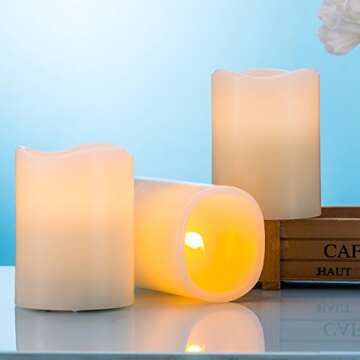 RY King Large Set of 12 (D 3" x H 4") Pillar Real Wax Flameless LED Battery Operated Electric Fake Candles with Timer and 10-Key Remote Control
