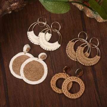 4 Pairs of Handmade Raffia Rattan Bohemian Round Drop Dangle Earrings for Women, Stylish Cute Fun Ho...