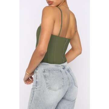 REORIA Women's Summer Fashion Sexy Square Neck Sleeveless Adjustable Spaghetti Strap Tendy Tank Crop Tops Going Out Bustier Corset Tops Dark Green Medium