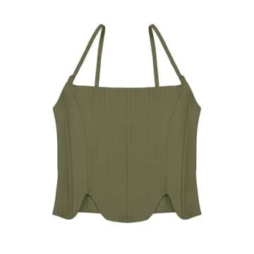 REORIA Women's Summer Fashion Sexy Square Neck Sleeveless Adjustable Spaghetti Strap Tendy Tank Crop Tops Going Out Bustier Corset Tops Dark Green Medium