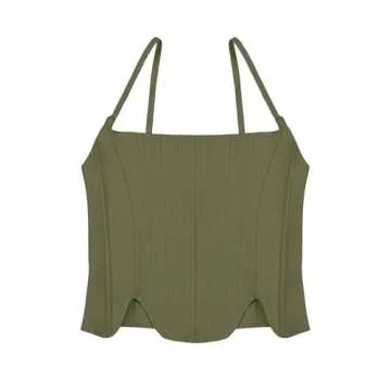 REORIA Women's Summer Fashion Sexy Square Neck Sleeveless Adjustable Spaghetti Strap Tendy Tank Crop Tops Going Out Bustier Corset Tops Dark Green Medium