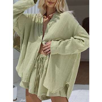 Fixmatti Long Sleeve Button up and Shorts Set for Women 2 Pieces Linen Outfits Summer Loungewear Sweatsuit Light Green M