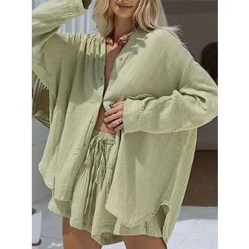 Fixmatti Long Sleeve Button up and Shorts Set for Women 2 Pieces Linen Outfits Summer Loungewear Sweatsuit Light Green M