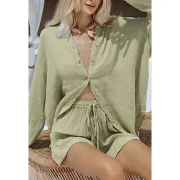 Fixmatti Long Sleeve Button up and Shorts Set for Women 2 Pieces Linen Outfits Summer Loungewear Sweatsuit Light Green M