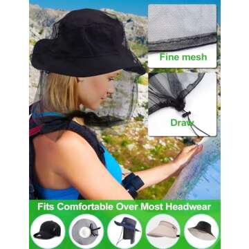 wohohoho Mosquito Head Net Mesh with Drawstring, Bug Face Netting for Hats, Mesh Face Shield for Men & Women Beekeeper Net Mask Protection for Midges, Bugs & Gnats (2 Packs, Mix Colors, Updated Size)