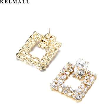 KELMALL Elegant Rhinestone Rectangle Earrings Trendy Crystal Geometric Drop Dangle Statement Earrings for Women