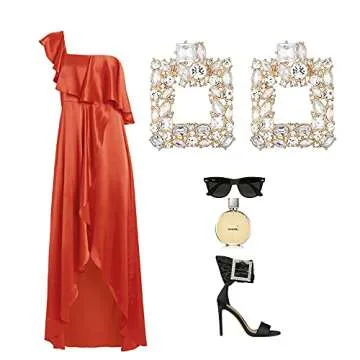 KELMALL Elegant Rhinestone Rectangle Earrings Trendy Crystal Geometric Drop Dangle Statement Earrings for Women