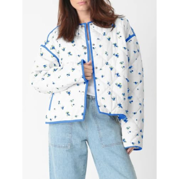 Tankaneo Womens Floral Cropped Quilted Jackets Lightweight Fall Casual Coats Color Block Printed Winter Outerwear