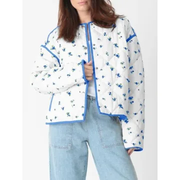 Tankaneo Womens Floral Cropped Quilted Jackets Lightweight Fall Casual Coats Color Block Printed Winter Outerwear