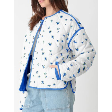 Tankaneo Womens Floral Cropped Quilted Jackets Lightweight Fall Casual Coats Color Block Printed Winter Outerwear