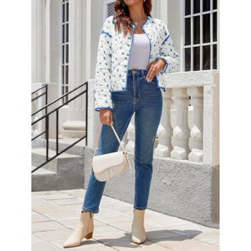 Tankaneo Womens Floral Cropped Quilted Jackets Lightweight Fall Casual Coats Color Block Printed Winter Outerwear