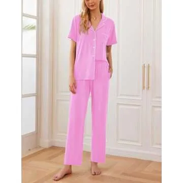 Ekouaer Women Pajamas Set Button Down Sleepwear Short Sleeve Nightwear with Long Pants Soft Pjs Set S-XXL Pink M