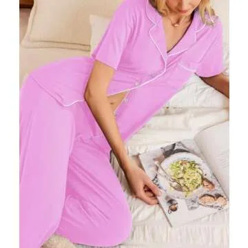 Ekouaer Women Pajamas Set Button Down Sleepwear Short Sleeve Nightwear with Long Pants Soft Pjs Set S-XXL Pink M
