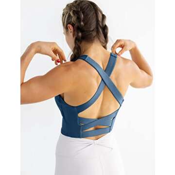 Women's Strappy Sports Bra Criss Cross Back Crop Tank Top Padded Fitness Workout Tops Longline Yoga Bras Dark Bleu